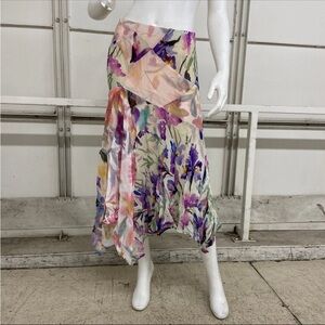 Anthropologie Watercolor Floral Asymmetrical Midi Skirt - Purple, Pink, Cream